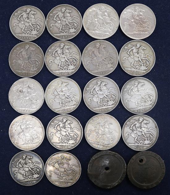 Eighteen Victoria silver crowns and two cartwheel twopence coins